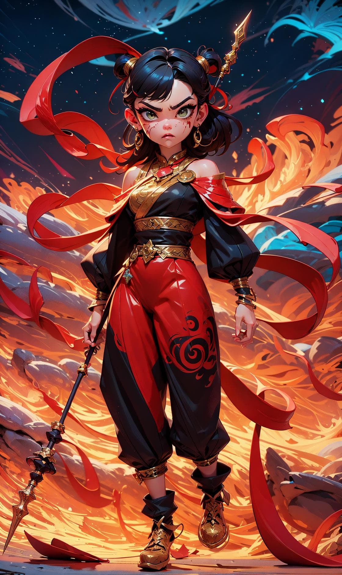 AI generated: 1girl, blood on face, angry, <lora:nezha_20230529030816:0.75>, holding spear, (flying), chinese myth...