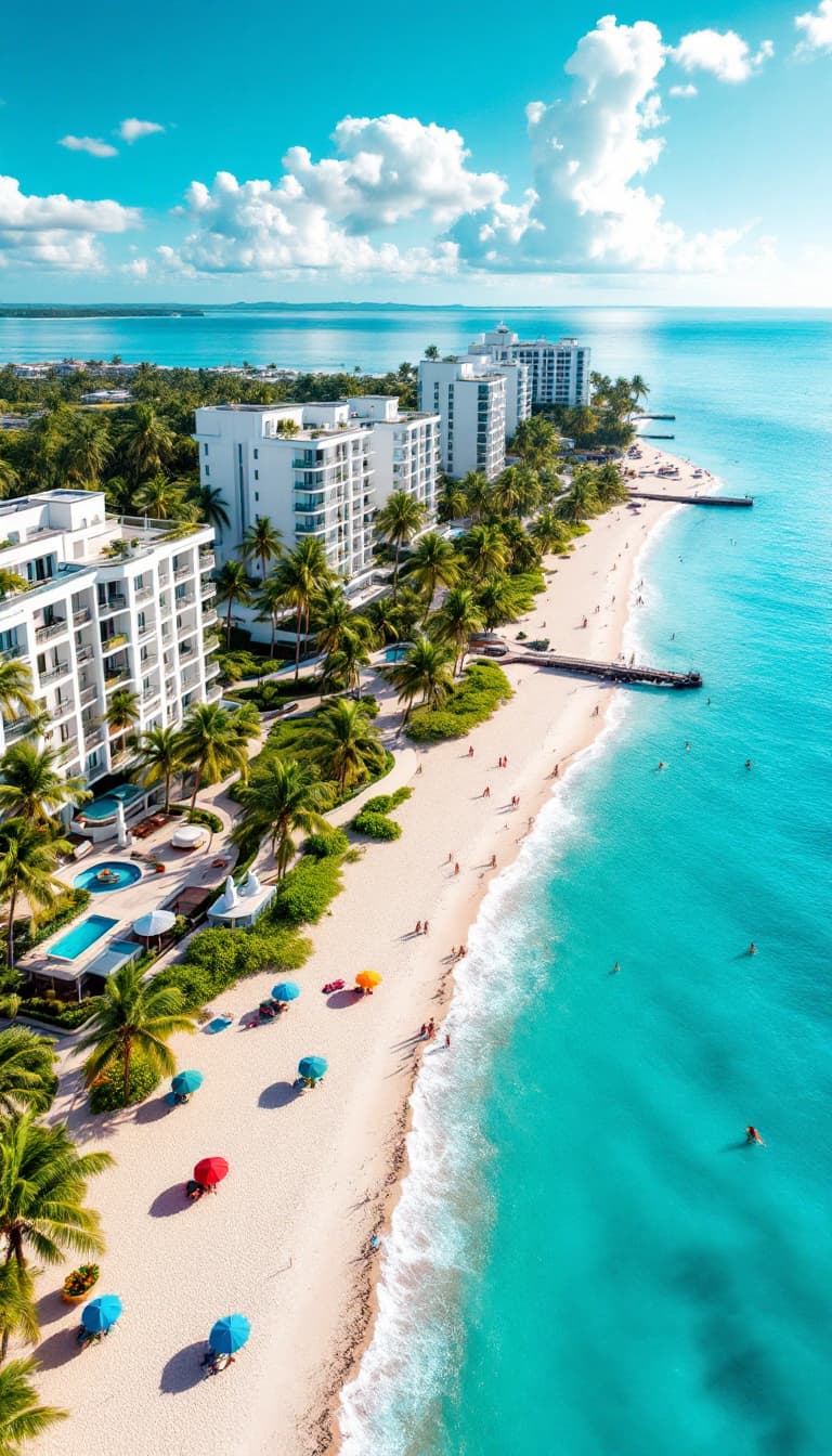 AI generated: An aerial view of a tropical seaside promenade with bright white apartment buildings surrounded by l...