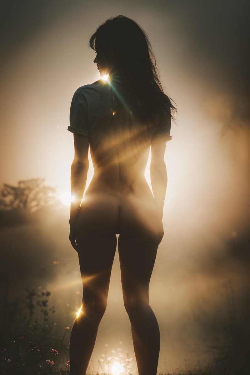 AI generated: back facing the camera, showing ass, (backlit:1.4) (volumetric:0.9) lighting, (godrays:0.8), best qu...