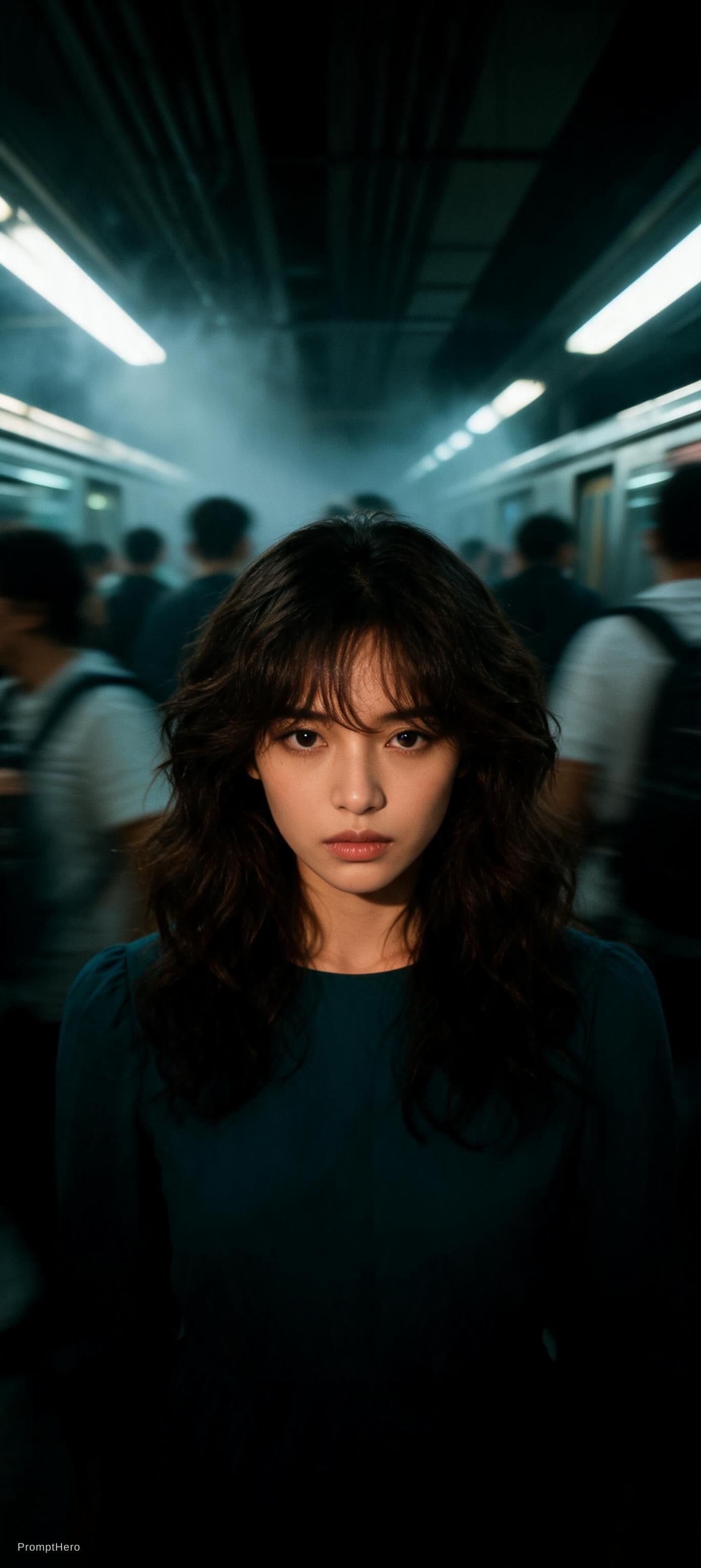 AI generated: Cinematic editorial portrait of a young women in her early twenties standing motionless at the
cente...