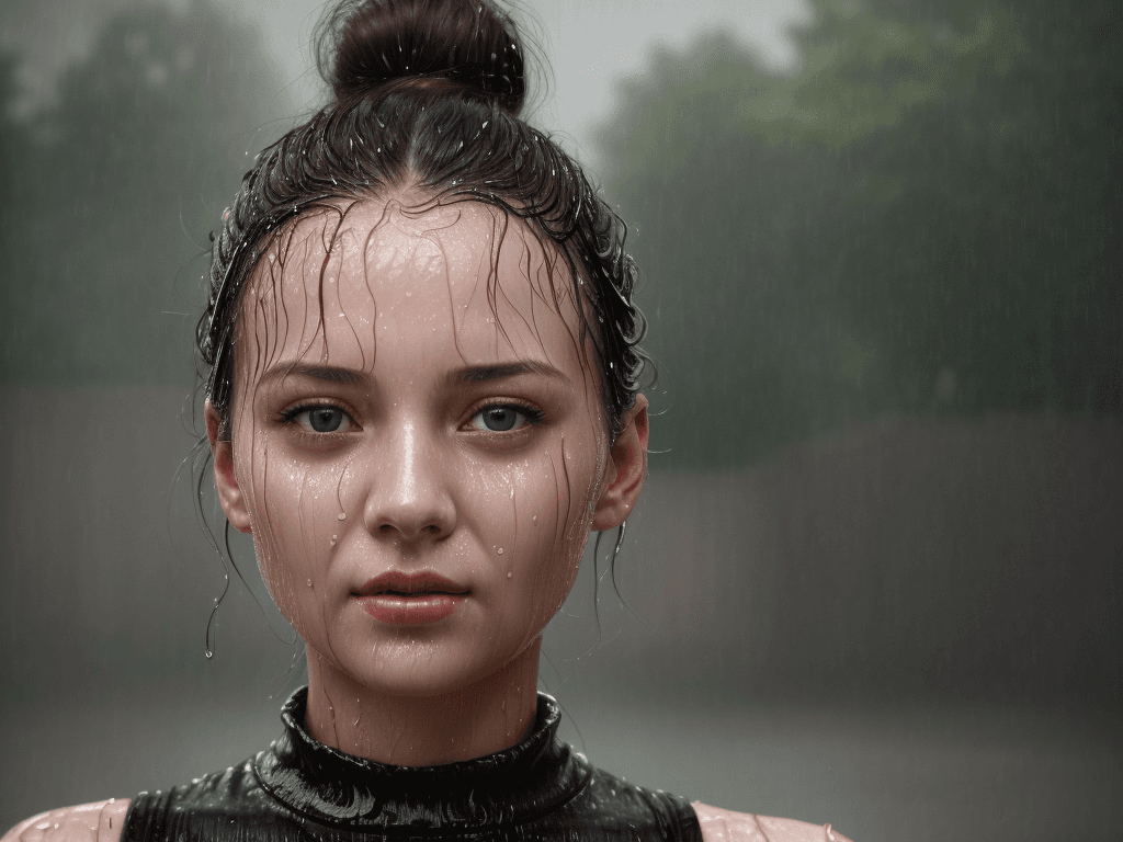 AI generated: A beautiful lady looking at the camera while dancing in heavy rain, with her face and body completel...