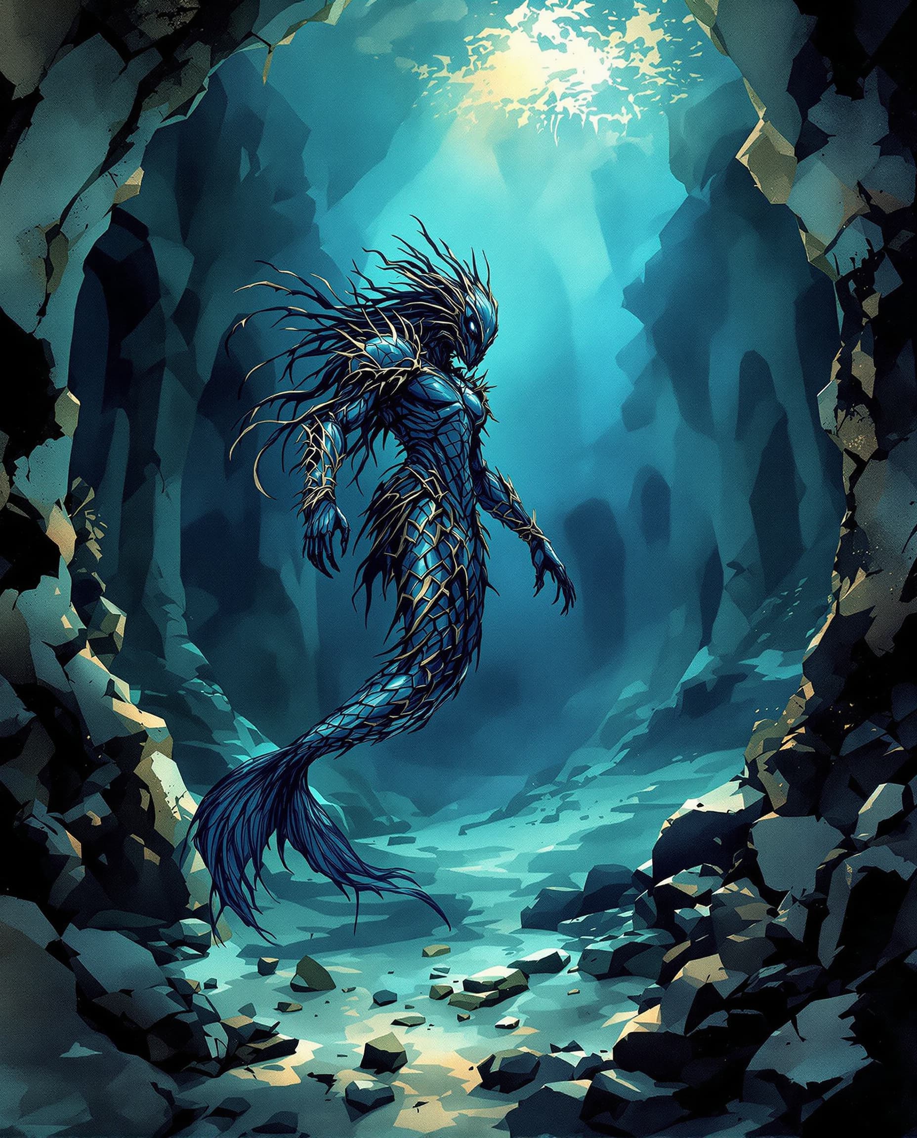 AI generated: Image is a cinematic, moody watercolor ink wash illustration featuring, underwater, verdigris, whims...