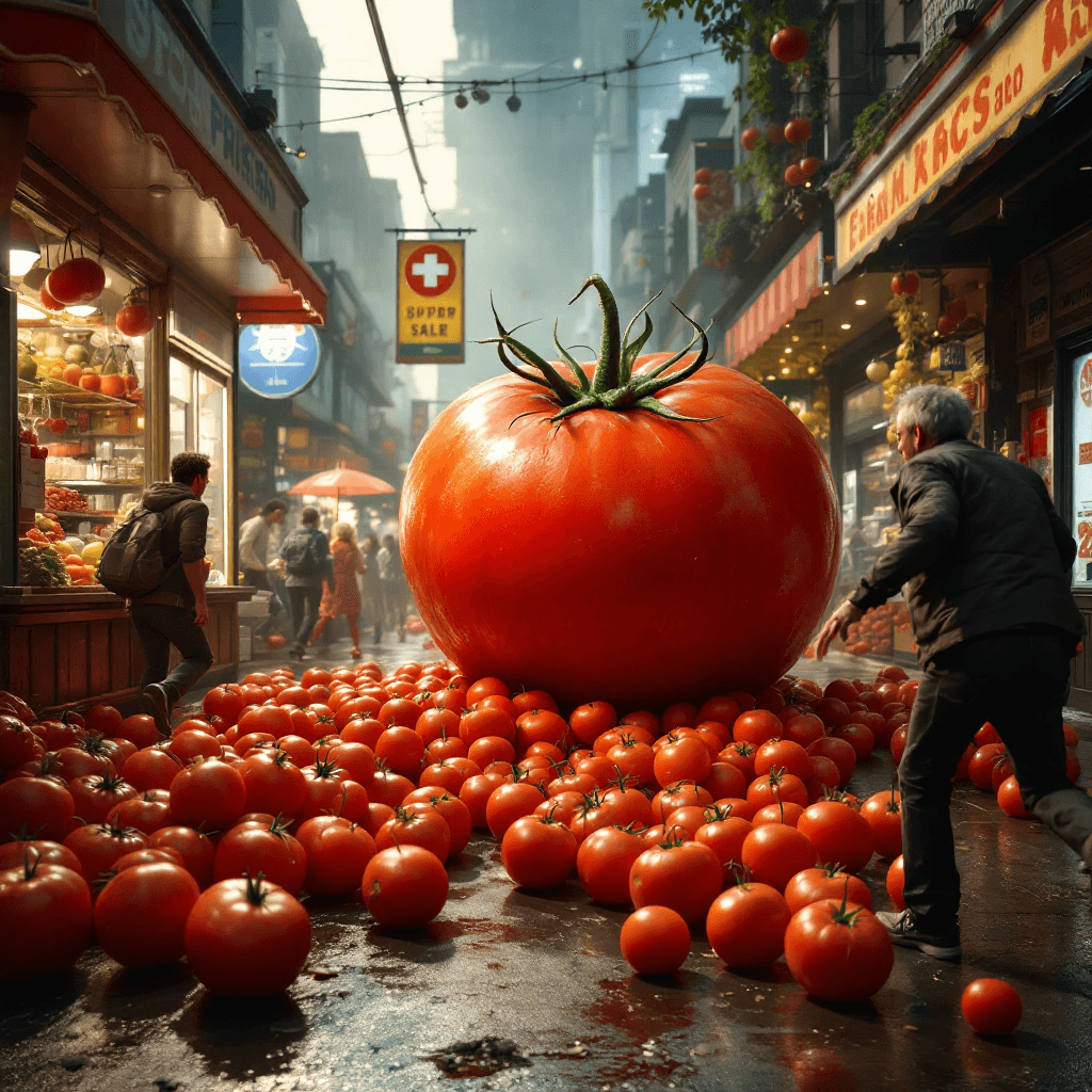 AI generated: a giant tomato on the ground chasing after people store ,  the customers are running away from it 
 ...