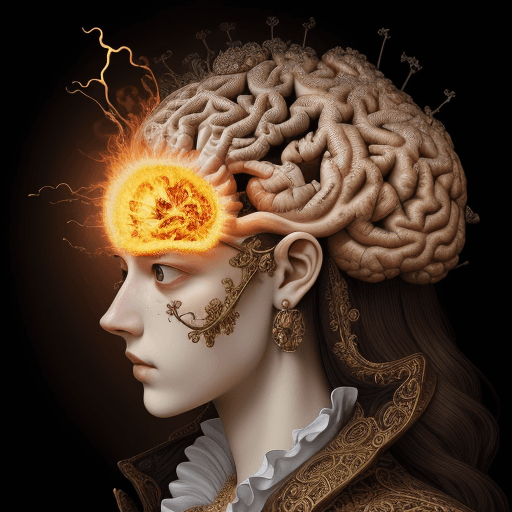 AI generated: burning brain, baroque style, high detail, intricate details, scientific, photorealistic