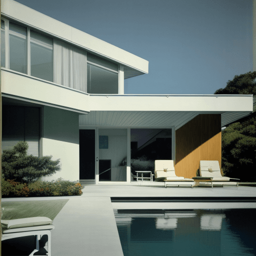 AI generated: Hyper realistic eye level exterior photo of a mid century modern style house overlooking the ocean, ...