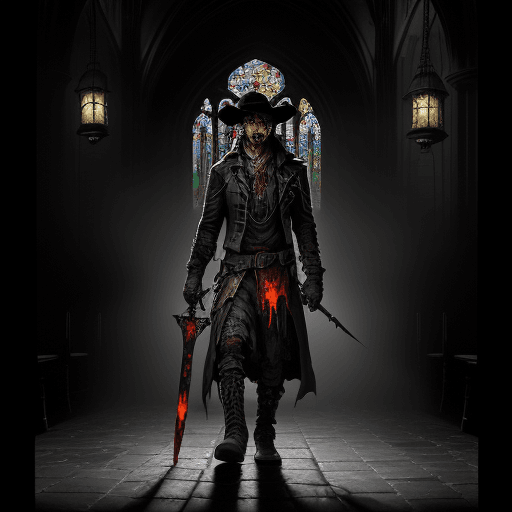 AI generated: High resolution photo of a lone hunter clad in dark, tattered clothing and a wide-brimmed hat, stand...