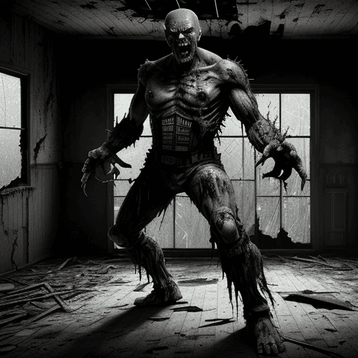 AI generated: ultra-wide photo, zombie stand full body, horrible face, horror style, horrible expression, inside a...