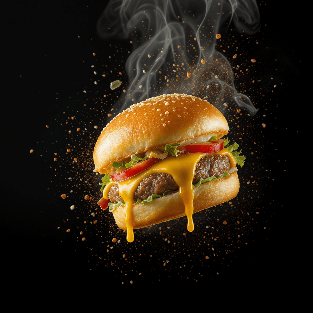AI generated: A mouth-watering [food item] captured flying mid-air in a dramatic 1:1 frame — each ingredient suspe...