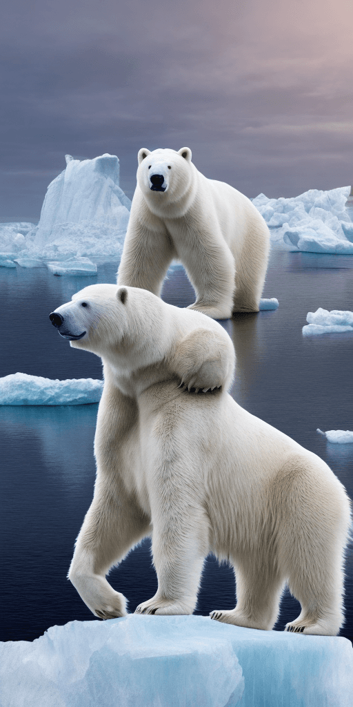 AI generated: Photo of a ultra realistica, big polar bear, standing on an iceberg, a photo, rebirth, sad, on its h...