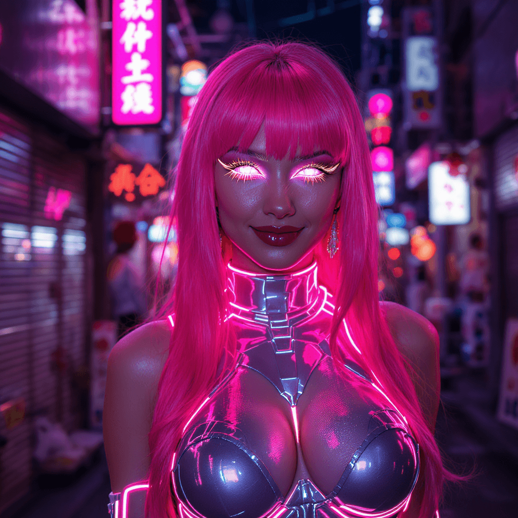 AI generated: a futuristic pink-haired woman with glowing eyes, chrome skin highlights, cat-eye makeup, silver and...