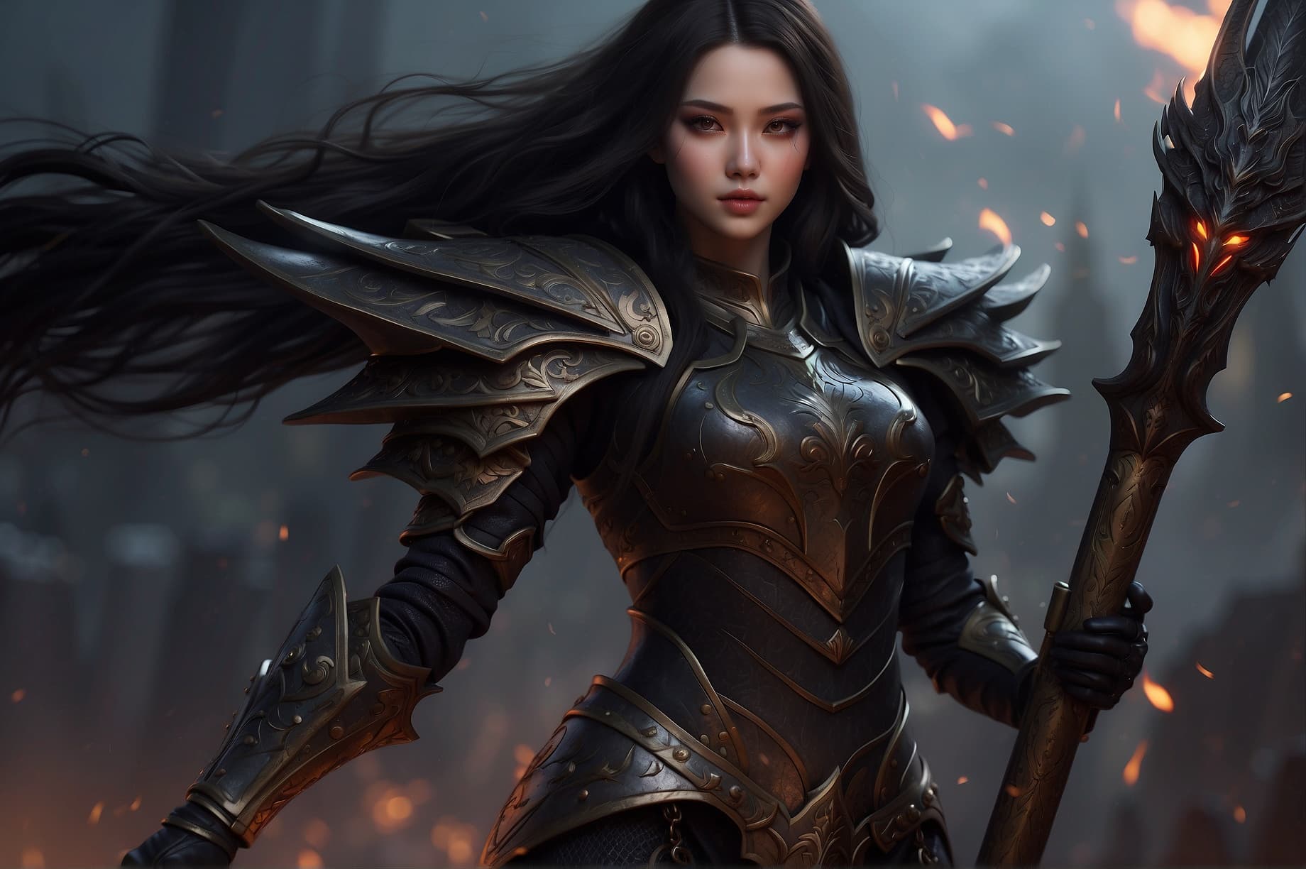 AI generated: Realistic women with black scary armor, Holding fire Sword, human face, long hair, perfectly detaile...