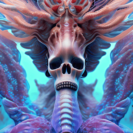 AI generated: Goddess close-up portrait ribcagel. jellyfish phoenix head, nautilus, orchid, skull, betta fish, bio...