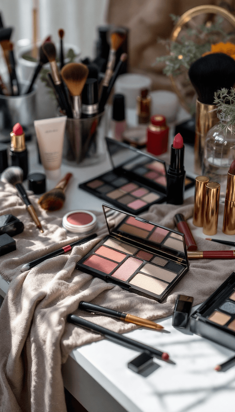 AI generated: a table with makeup products like brushes, eyeshadow, lipstick, and more --ar 2:3 --v 6.0
