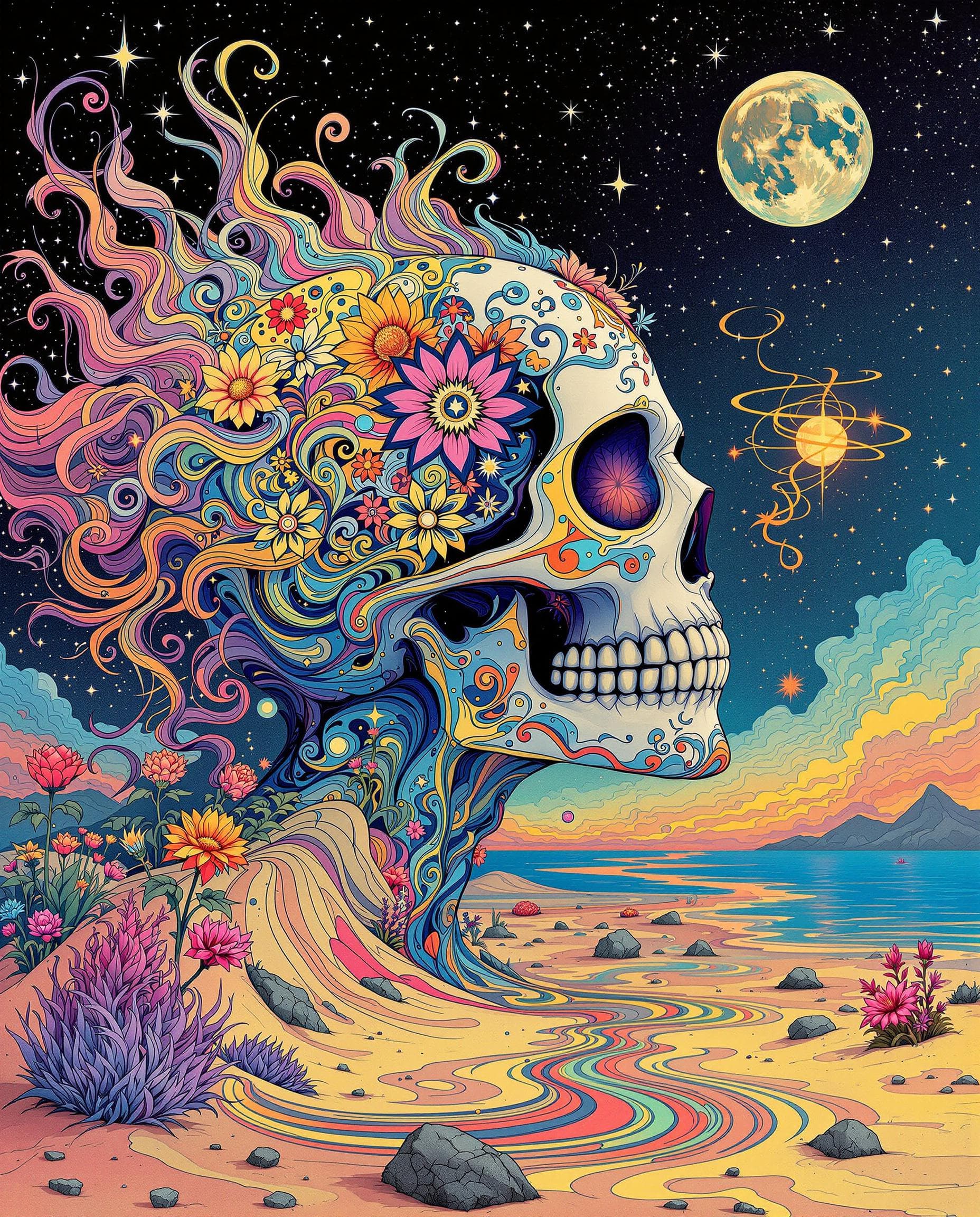 AI generated: a surreal, psychedelic skull portrait inspired by Alphonse Mucha and Peter Max, an abstract illustra...