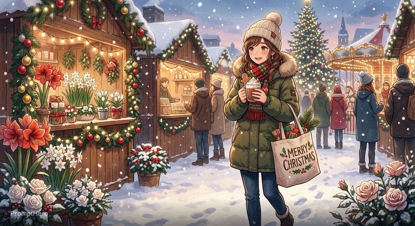 AI generated: <niji-se-flowers>, 1girl, down jacket, christmas