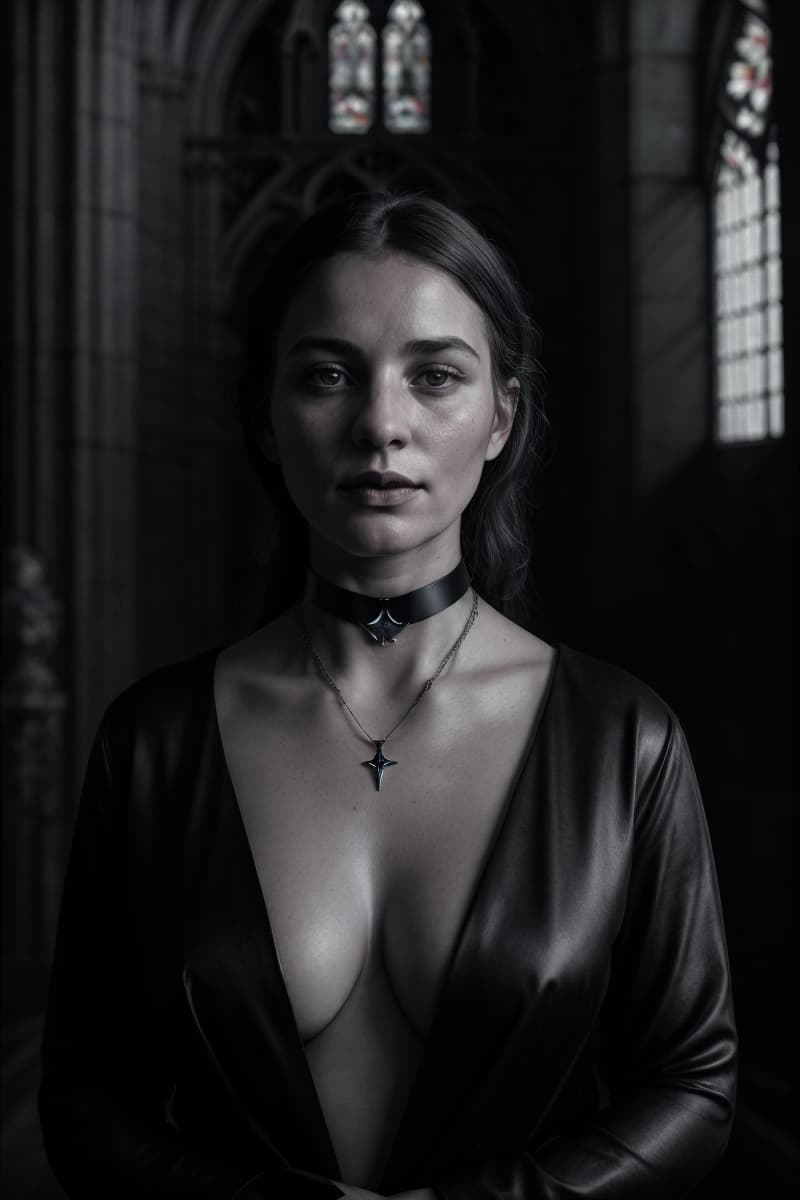 AI generated: style of realistic hyper-detailed portraits, 23 year old (woman:1.1) praying in an large cathedral, ...