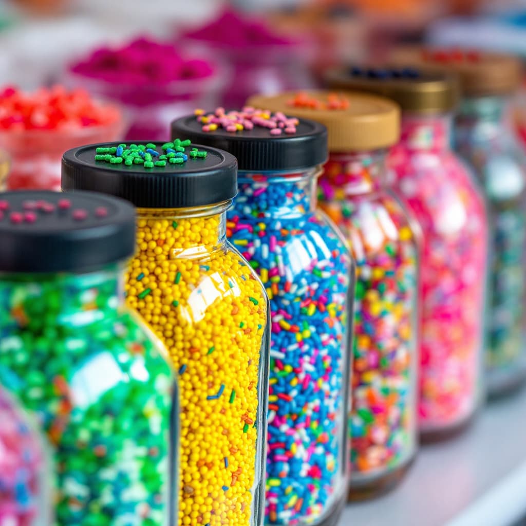 AI generated: Colorful jars of vibrant sprinkles arranged in a row