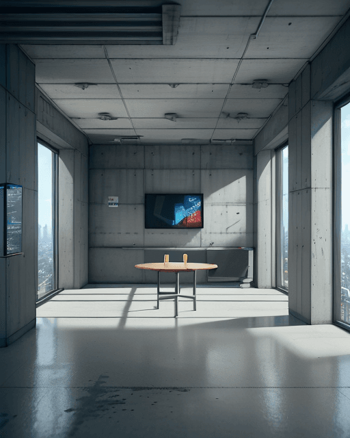 AI generated: social area with room and table inside a building with a concrete wall and a top-to-bottom window, a...