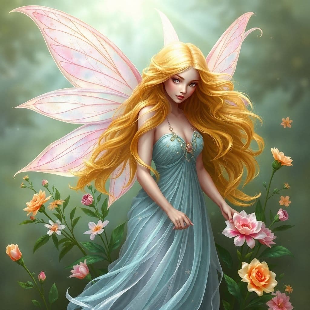 AI generated: Beautiful elegant fairy with flowing golden hair, diaphanous wings, lovely proportionate florals and...