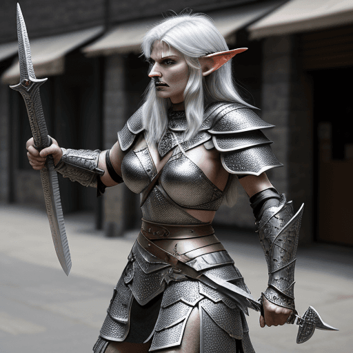 AI generated: Elf, warrior woman in chainmail armor wielding a sword. Moustache. She is a fierce warrior on the ba...