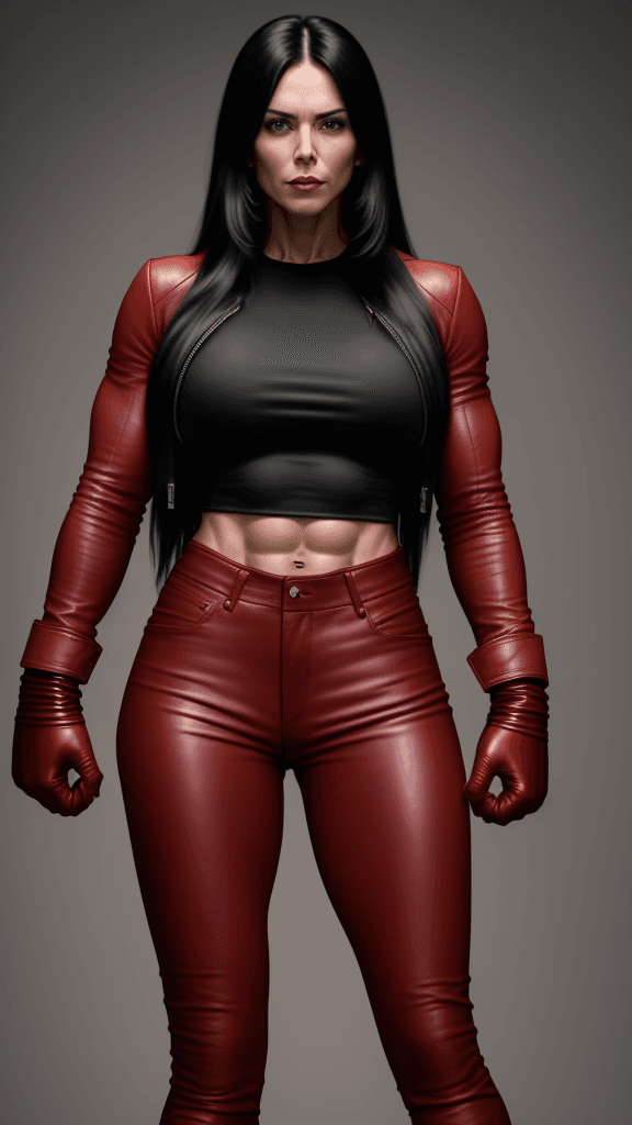 AI generated: 30 year old strong muscular woman, toned biceps, long black hair, wears red leather pants, wears red...