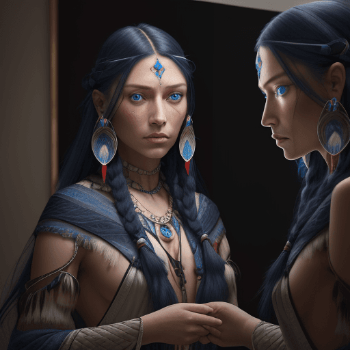 AI generated: a photo of a woman with blue eyes looking at herself, in the style of light indigo and dark amber, r...