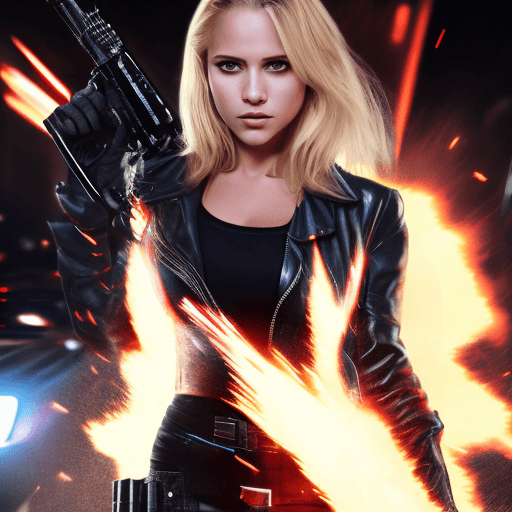 AI generated: image hyper-réaliste en pleine action de nuit :  jeune et belle blonde , visage sévère, vêtue d'une ...
