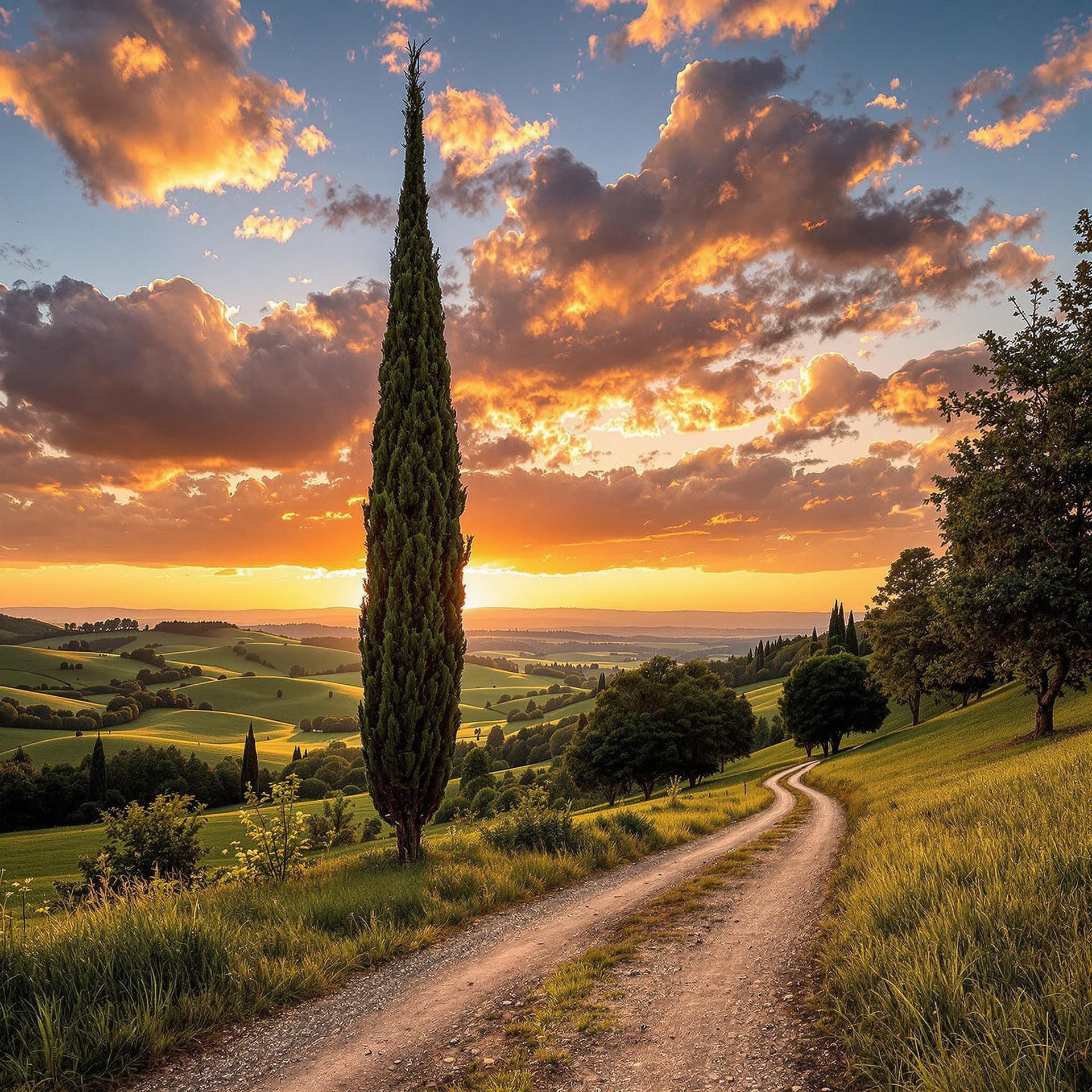 AI generated: A picturesque sunset over the rolling hills of Tuscany, Italy. The sky is painted in hues of orange ...