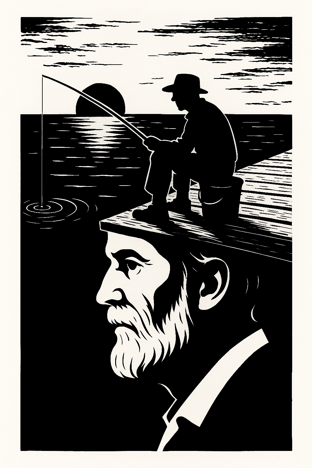 AI generated: Optical illusion illustration in black-and-white surreal style. Upright: A lone fisherman sitting at...