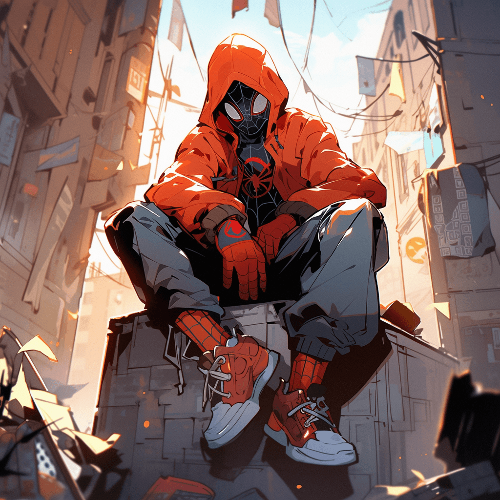 AI generated: spiderman assis en haut d'un building --s 250 --niji 5
