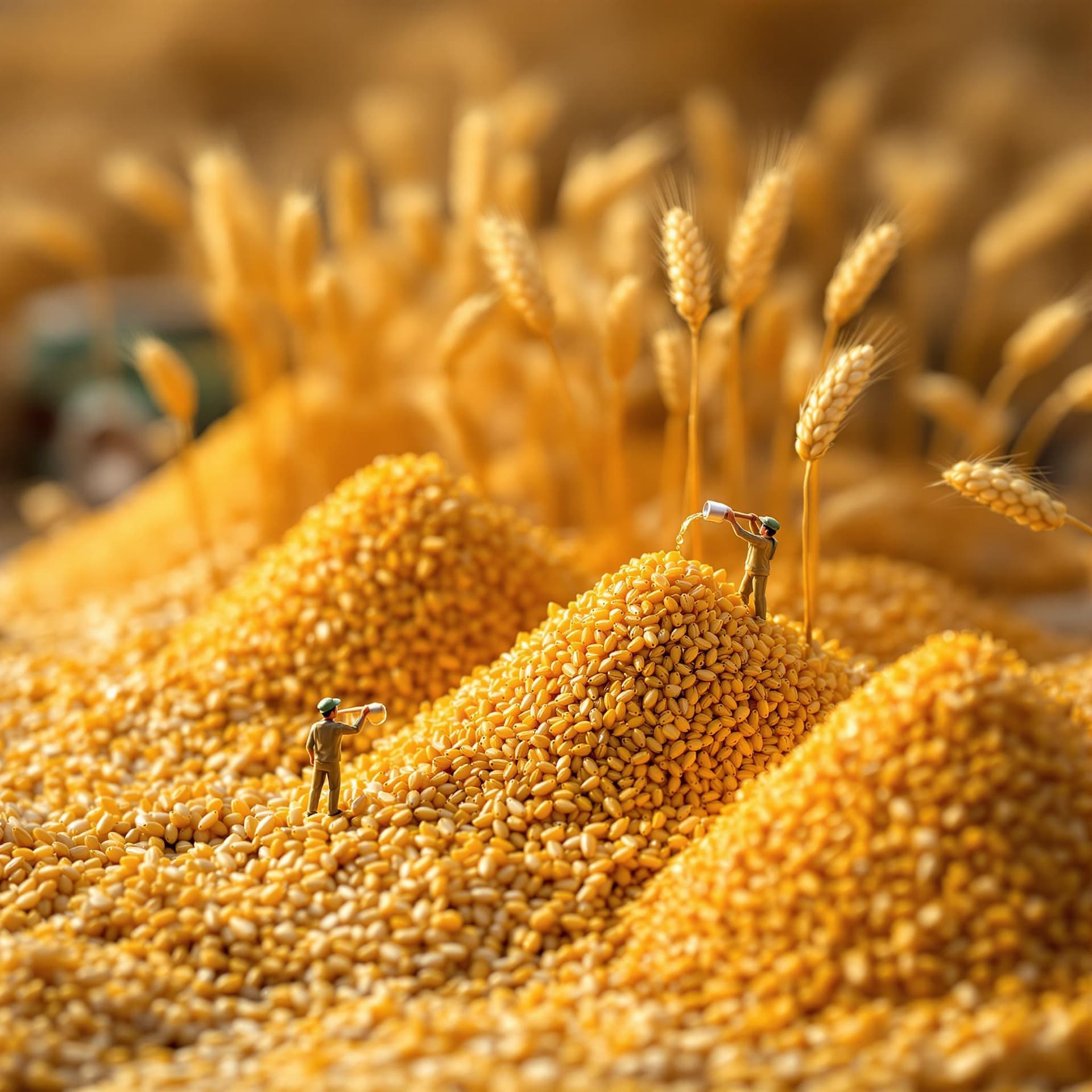 AI generated: Miniature scenes of wheat harvesting, grain piles filled with golden grain and small people carrying...