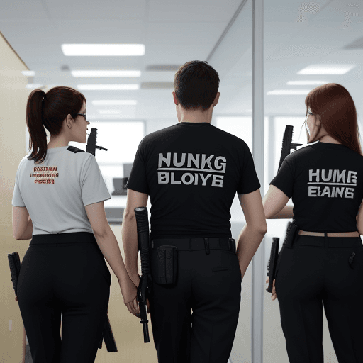 AI generated: A group of office workers (men and women), wearing casual skirts, pants and t-shirts, armed with fir...