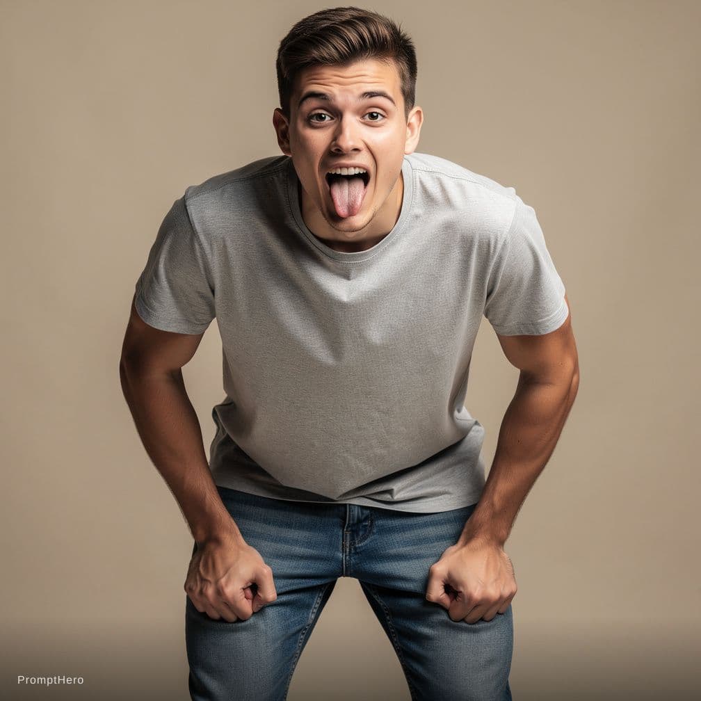 AI generated: hands squeezing backside above the legs, remove hand holding phone, stick tongue out
