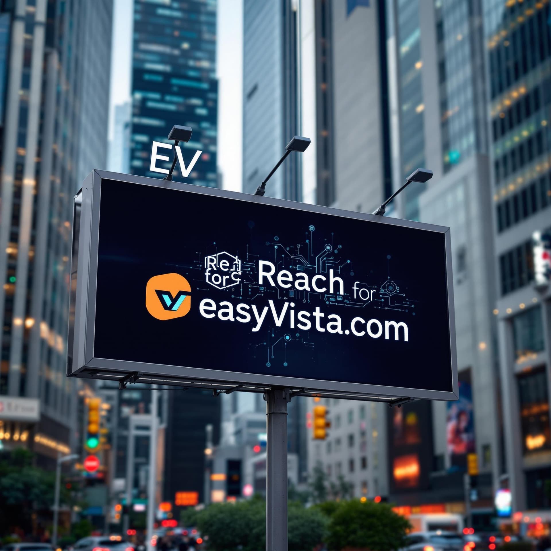 AI generated: a billboard sign in a busy city with the logo for EasyVista.com in hte middle and in the big letters...