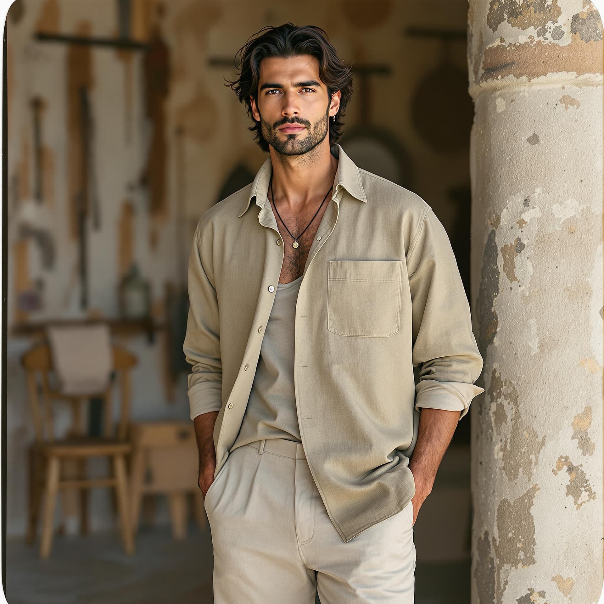 AI generated: https://s.mj.run/R07woSegYRM a 35 years old Mediterranean, dark hair, male model dressed in linen cl...