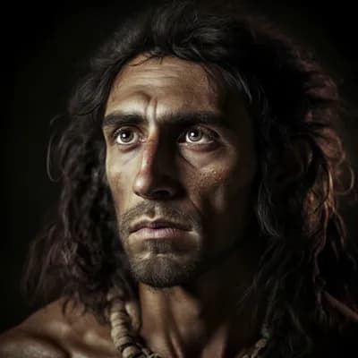 AI generated video: A cave man looks around scared, the camera moves back