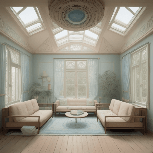 AI generated: High resolution photography interior design, dreamy sunken living room conversation pit, wooden floo...
