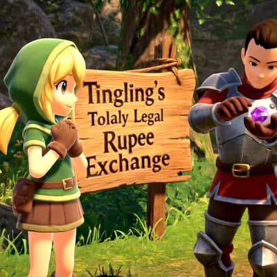 AI generated video:  The image portrays a charming scene of a Linkle character and a knight from The Legend of Zelda sta...