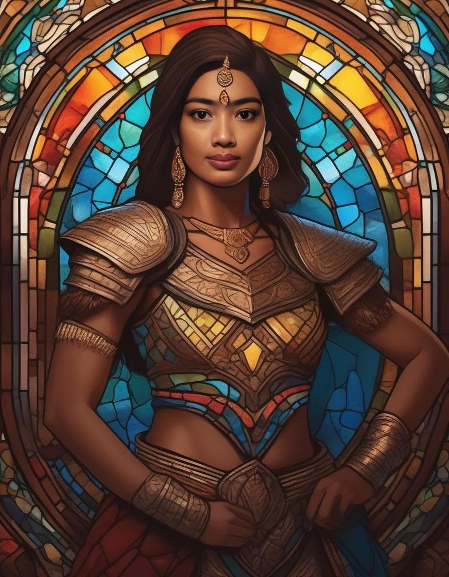 AI generated: Female warrior, armor made from stained glass