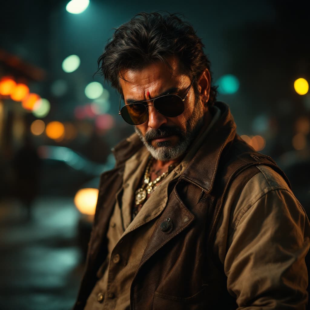 AI generated: The protagonist, a traditional Indian film star in his 40s, is in focus. His confident presence is h...