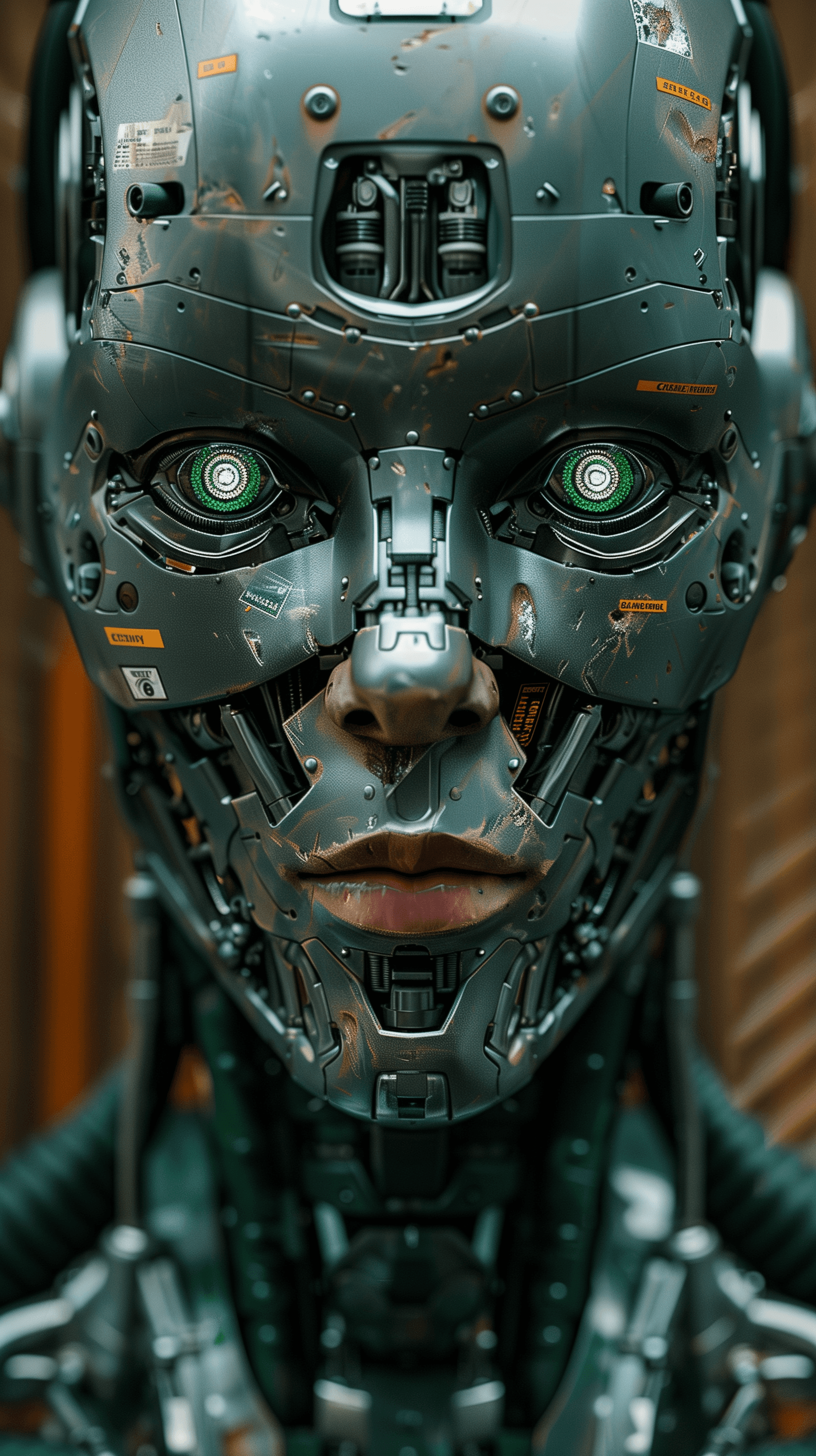 AI generated: hyper-detailed robotic head with a semi-matte, scratched and weathered metallic surface, reflecting ...