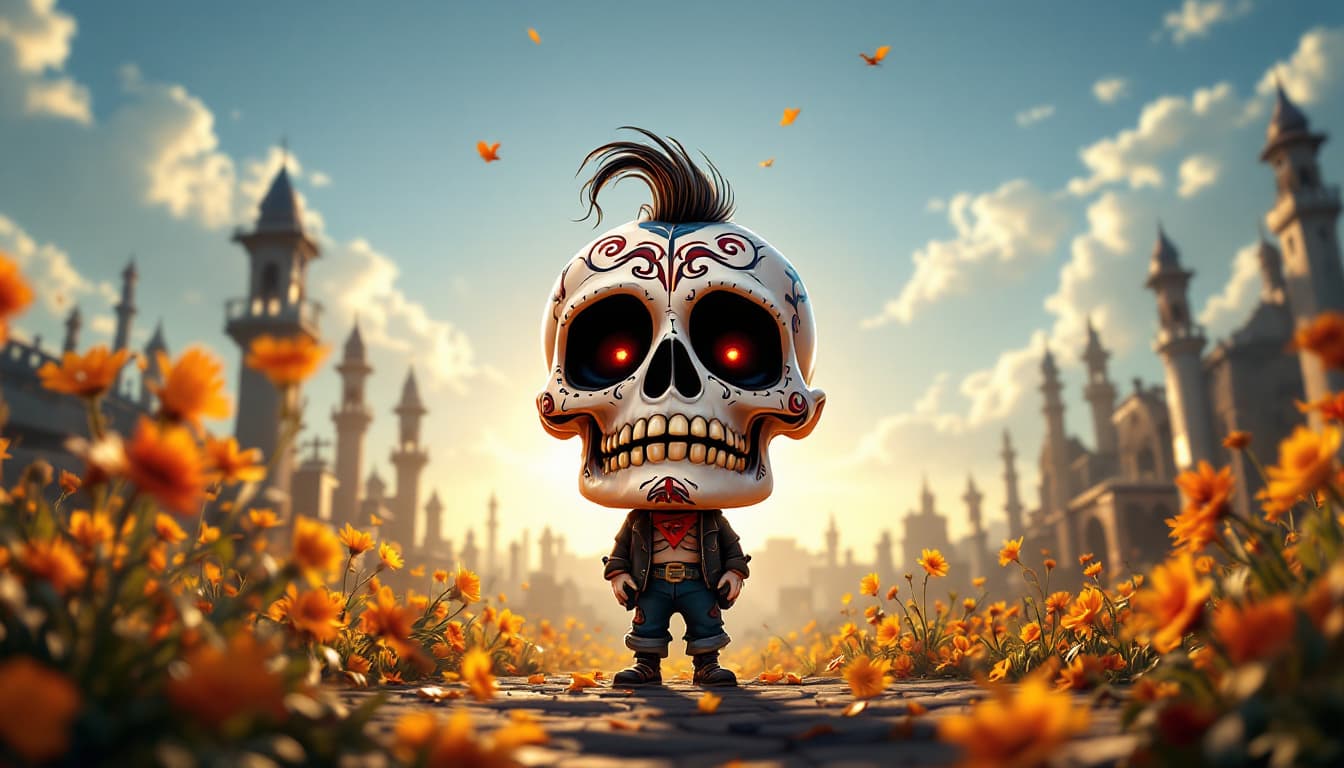 AI generated: day of the dead, in the style of Unreal Engine 5, caricature-like illustrations, exaggerated facial ...