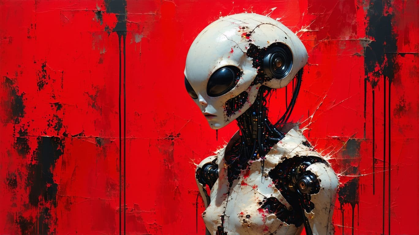 AI generated:  Create a terrifying random distressing image as a mixed media artwork. Create a full length image o...
