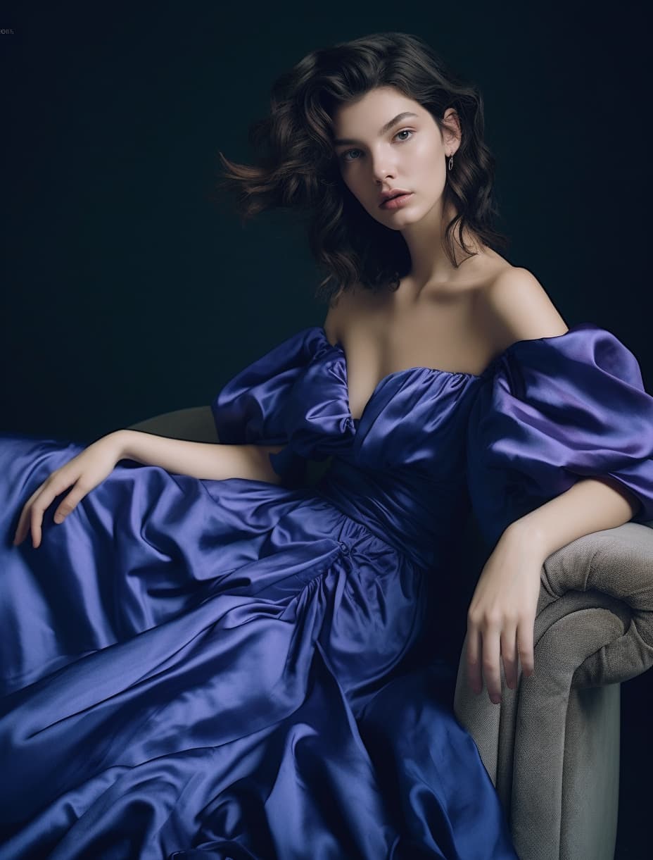 AI generated: a woman in a blue dress posing for a picture, inspired by Slava Raškaj, tumblr, garbed in a purple g...