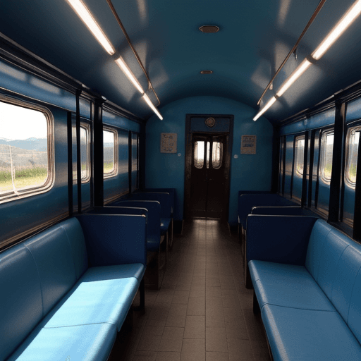 AI generated: señor de sombrero dentro de un tren obscuro con luces suaves color azul