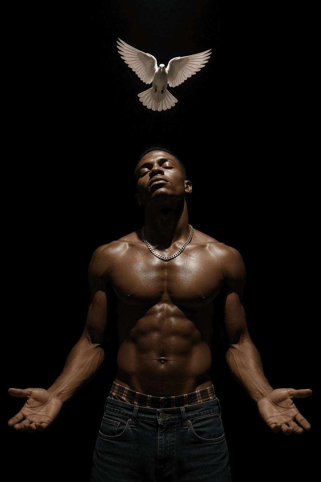 AI generated: A mid-torso portrait of a subject standing bare chested against a pitch-black void, illuminated by a...