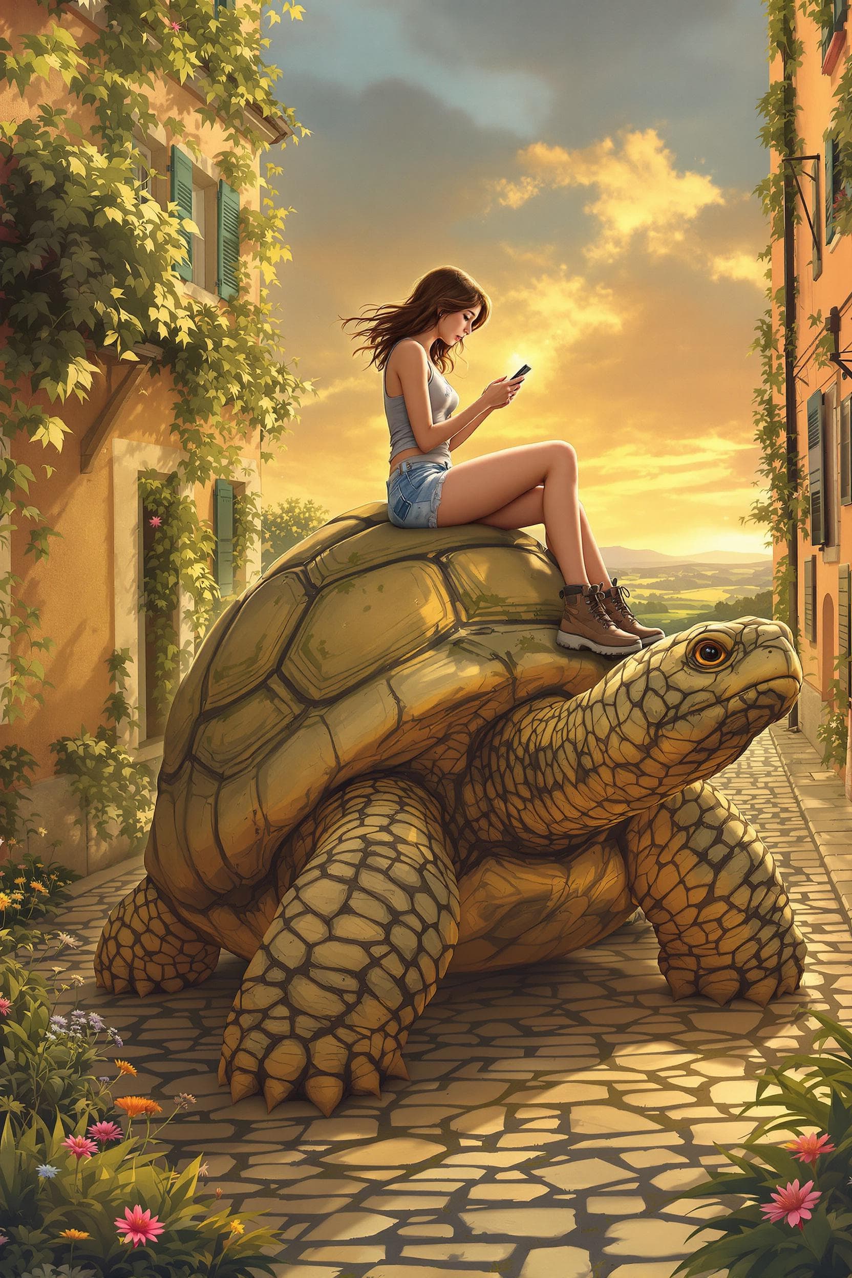 AI generated: (A whimsical fantasy digital illustration:2.5). (She sits atop the shell of a massive, ancient torto...