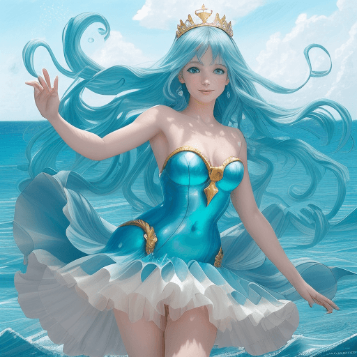 AI generated: A playful anime dancer from the sparkling ocean with a seashell crown and a dolphin hairpin at noon ...