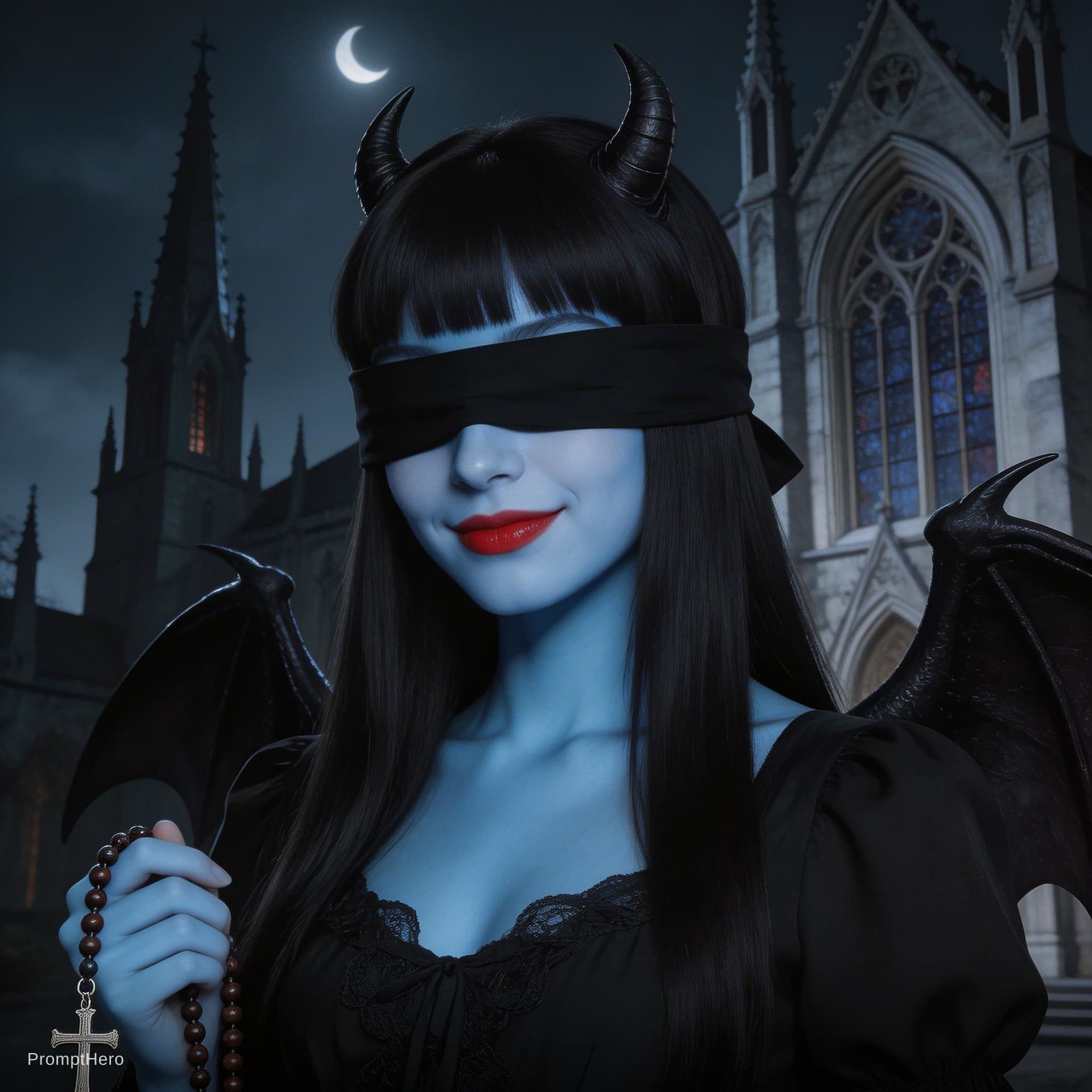 AI generated: dark-theme, (night, demonic church), (blue skin:1.2), 1 woman, cute, demon horns, (black long straig...