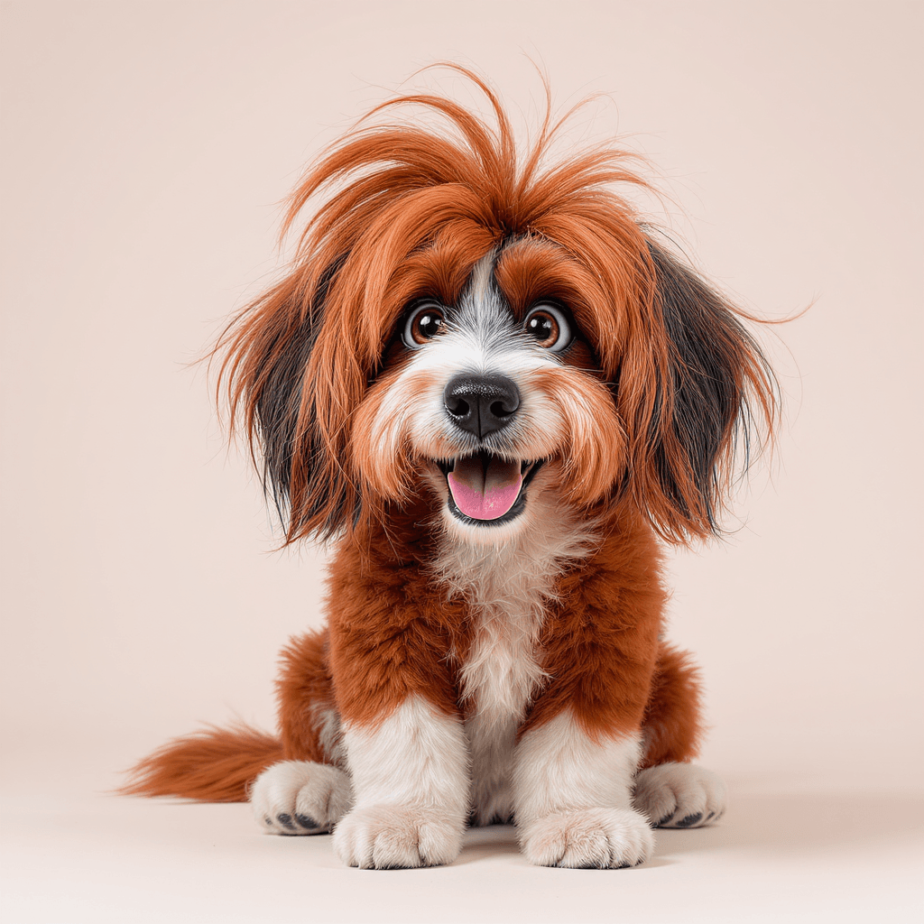 AI generated: cartoon style black-and-white dog with **fiery-red shaggy fur**, sitting, medium shot, highly expres...